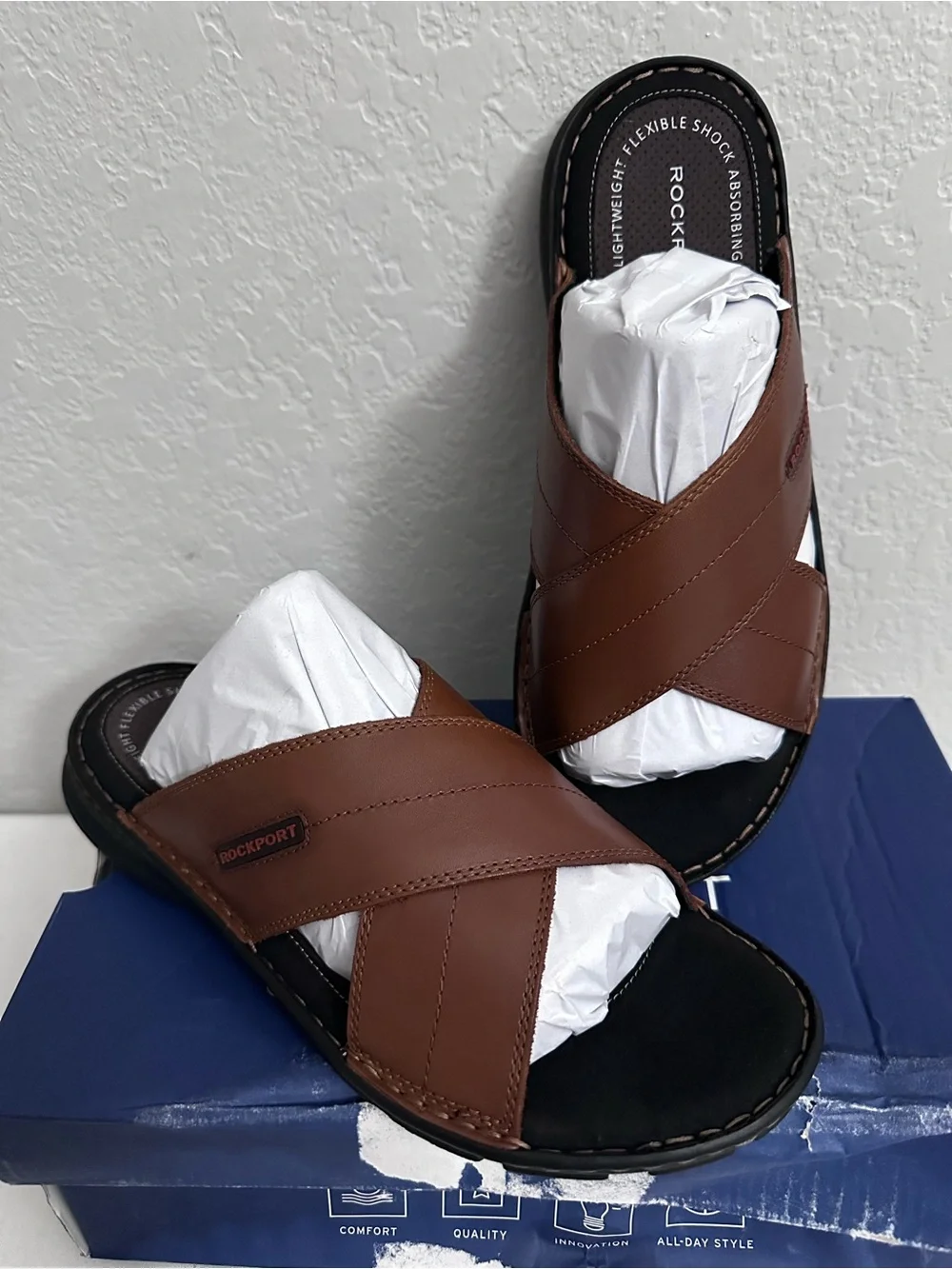 Rockport Men's Darwyn Cross Band Slide Sandal Size 10.5 Coach Brown Leather
